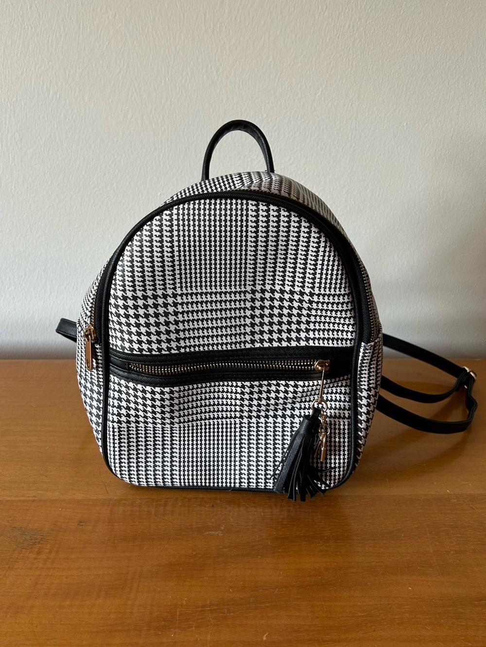 Icing Mini Backpack Black White Houndstooth Y2K 90s Faux Leather Tassel Zip Bag